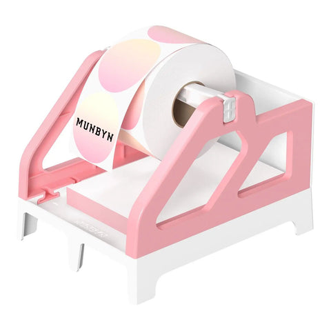 Heavy Hitter Universal Thermal Shipping Label Holder And Fan Fold Roll Organizer No Sweat Paper Dispenser Stand Pink displaying label roll.