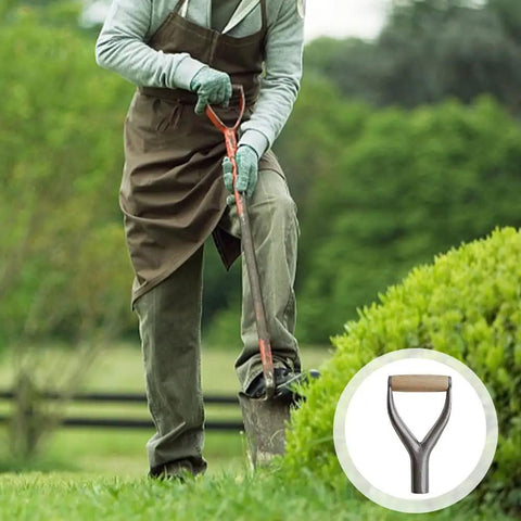 Gardener using D Grip Handle Replacement Fork Kit for Garden Shovels, ergonomic Y grip, durable silver finish, in garden setting.