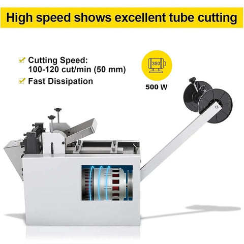 Automatic Heat Shrink Tube Cutting Machine Slick Cable Pipe Trimmer showing cutting speed and motor details for efficient tubing.