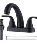 Matte Black Bathroom Sink Faucet 4 Inch Centerset 2 Handle With Pop Up Drain Stopper Lavatory Vanity Faucet 304 Stainless Steel Built To Last No Nonsense Durability CUPC CEC Certified, showing faucet, drain stopper, and supply lines