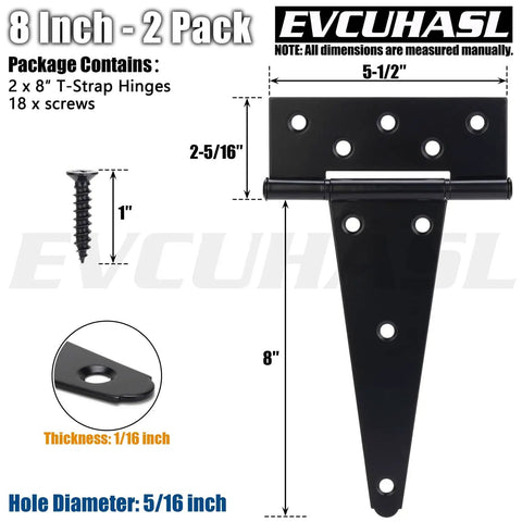 Eight Inch T Strap Gate Hinges Heavy Duty Rustproof Black Metal Tee Hinges Tough As Nails For Wood Fence Barn Yard Gate Door Rock Solid Corrosion Resistant Hardware Two Pack showing dimensions and screws.