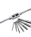 Eight Piece Metric Thread Taps Set With Adjustable Tap Wrench For Hand Tapping M3 Through M12 High Speed Steel Taps For Aluminum And Steel Machining DIY Pros, showing eight thread taps and adjustable wrench.