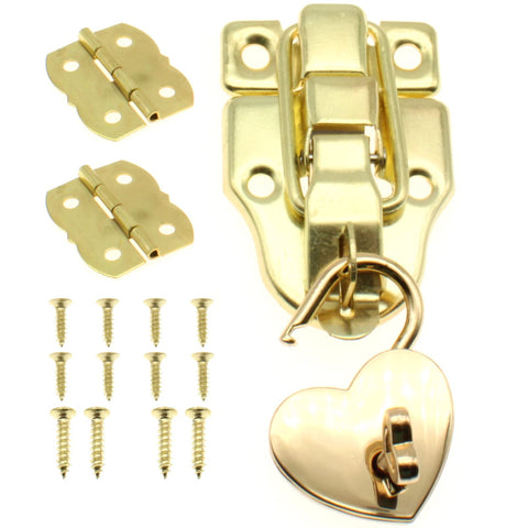 Retro Old School Duckbilled Toggle Hasp Latch With Heart Shaped Padlock And Antique Mini Folding Hinges Kit In Gold Finish