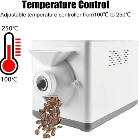 Premium Electric Coffee Roaster Machine Featuring 1500 Gram Drum Capacity And Smart Thermostat Controls showing temperature control dial and coffee beans.