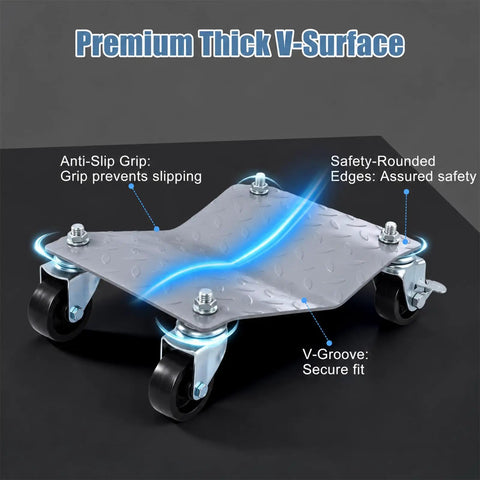 Premium thick V-surface dolly with anti-slip grip and smooth swivel wheels for Rock Solid Heavy Duty Wheel Dolly Set Of Four With Smooth Swivel Wheels For Cars And Trucks 6000 Lbs Capacity Garage Workshop Equipment Built Tough To Move Your Vehicle Without The Sweat.