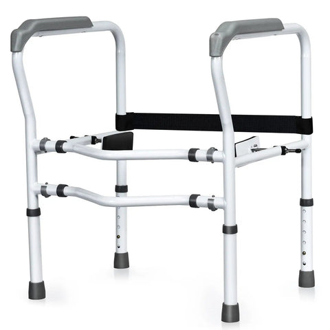 Heavy Duty Adjustable Toilet Safety Frame And Rail For Elderly Bathroom Assist With Rock Solid Non Slip Grab Bars, freestanding white metal rail.