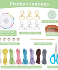 8 Set DIY Macrame Wristlet Keychain Kit For Adults with colorful cords, swivel clasps, beads, and macrame tools displayed.