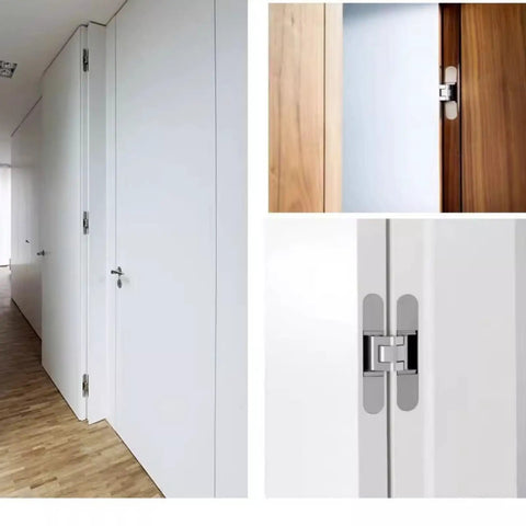 Heavy Duty 6 Inch Hidden Door Hinges 180 Degree Flush Mount Concealed Butt Hinge 3 Way Adjustable shown on wood and white doors in modern setting.