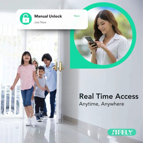 Slick Built In Wifi Smart Door Lock With Handle And Keypad Quick Keyless Fingerprint Biometric Scanner App Remote Access Auto Lock Front Door No Sweat Diy Setup in use with family entering a home.