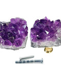 Premium Set Of Two Natural Amethyst Gemstone Cabinet Knobs And Heavy Duty Drawer Pulls Featuring Smooth Purple Crystal Finish To Level Up Your Home Decor Game Today, showing amethyst knobs with screws.