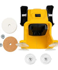 Heavy Duty Cordless Bench Grinder With 250W Badass Power On 20V MAX Batteries showing the main unit and accessories.
