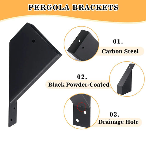 8 Pack 45 Degree Pergola Brackets With Drainage Holes For Gazebos And Pergolas, Fits 2x4 Lumber, Heavy Duty Steel, Black Powder Coated To Deter Rust shown