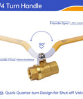 Close-up of quarter-turn handle on Six Pack Half Inch Brass Ball Valve NPT Threaded Full Port Water Shut Off Valve, 90-degree rotation shown