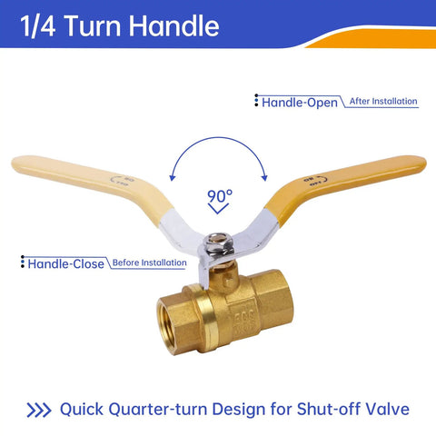 Close-up of quarter-turn handle on Six Pack Half Inch Brass Ball Valve NPT Threaded Full Port Water Shut Off Valve, 90-degree rotation shown