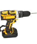 Heavy Duty Cordless Electric Drill Kit Loaded With Dual 21V Lithium Batteries showing side view with drill bit and rubber grip.