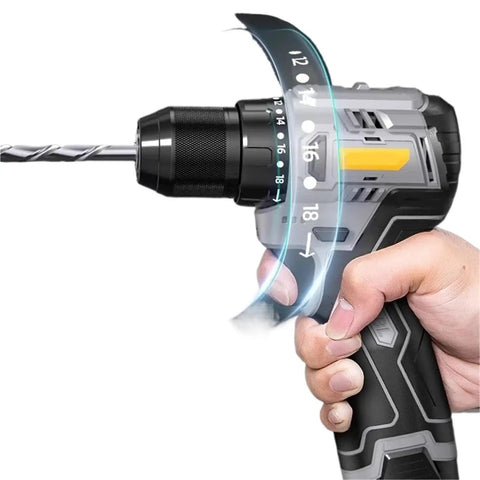 Heavy Duty Cordless Electric Drill and Mini Screwdriver With Rechargeable Lithium Battery Compact Power Driver Tool For Rapid Home Repairs and Quick Diy Tasks Hella Reliable Operation Guaranteed, held in hand showing drill bit and adjustable torque settings.