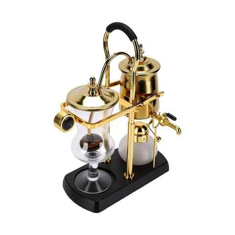 Artisan Manual Siphon Coffee Maker Featuring Sturdy Heatproof Glass Carafe in gold and black on kitchen counter.