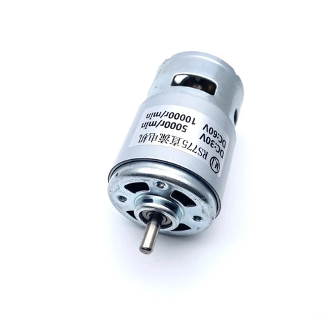Plug And Play 775 Dc Motor Ball Bearing Build Wide Voltage Range Supporting Twelve Through Sixty Volts Twin Speed Settings Maxing Out At Twenty K Rpm close-up of metal body motor with shaft for garage projects.