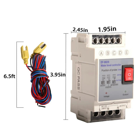 Automatic Water Level Controller with Built In Liquid Level Sensor and Pump Float Switch for AC110V Systems, side view with wiring