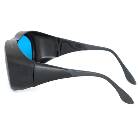 Pro Grade Od6 Plus Infrared Laser Safety Glasses And Goggles side view showing heavy duty frames and blue lenses.