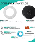 Accessory kit for Outdoor Gooseneck Barn Light Fixture With 14 Inch Extension Arm includes black plate, gaskets, screws, and sealant.
