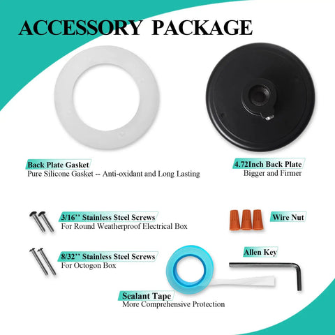 Accessory kit for Outdoor Gooseneck Barn Light Fixture With 14 Inch Extension Arm includes black plate, gaskets, screws, and sealant.