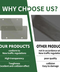 Comparison of clear license plate cover features against competitors, highlighting benefits like transparency and toughness on a split background.