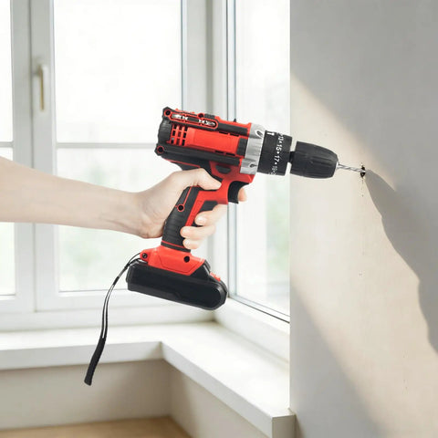 No Fuss Cordless Drill Set Heavy Lifter Handheld Power Tool With All Day Battery Pack Ready To Roll For Tough Tasks Without Overheating Problems In Sleek Red Finish in use, drilling into wall with visible bit.