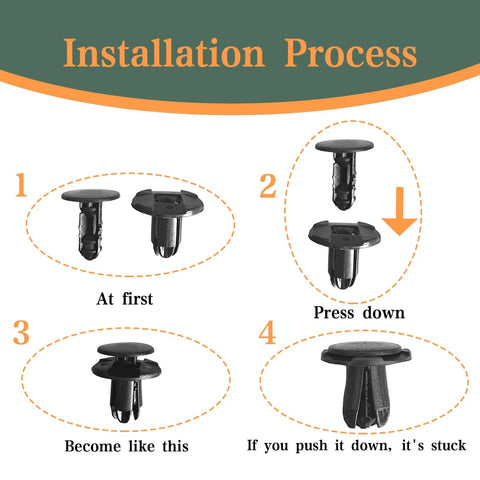Installation steps for 20 Pack Fender Liner Push Type Retainer Clips For Hyundai And Kia Cars Easy Install With 8mm Hole 19mm Head And 14mm Stem Lower Cover Trim Clips For Accent Elantra Sonata Tucson Santa Fe And More