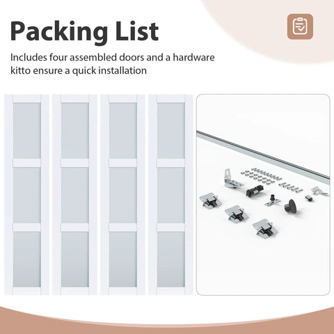 Packing list for Preassembled Bi Fold Doors For 60 By 80 Inch Openings With Tempered Frosted Glass Closet Barn Door and hardware.