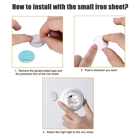 Installation guide for Motion Sensor Night Light With Rechargeable Battery And Magnetic Mounting, showing adhesive application.