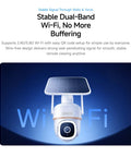 Bully Proof 2K Solar Security Camera With 5G WiFi And PTZ 360 Rotation featuring solar panel and wireless design for outdoor use.