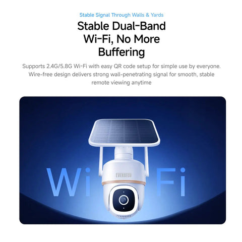 Bully Proof 2K Solar Security Camera With 5G WiFi And PTZ 360 Rotation featuring solar panel and wireless design for outdoor use.