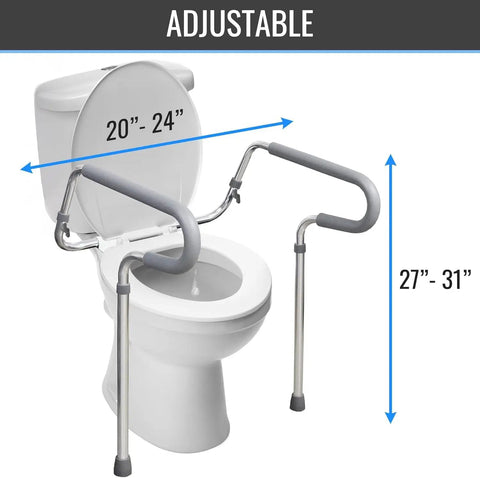 Solid Adjustable Toilet Safety Rails For Seniors Offering Smooth Bailout Support With Non Slip Padded Arms Heavy Duty 300 LB Capacity Top Shelf Bathroom Assist Bars Commode Seat Frame adjustable height measurements displayed next to toilet