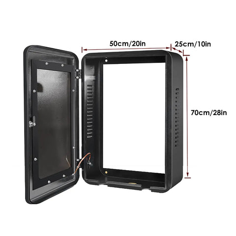 Heavy Duty EV Charger Enclosure Wall Mount Station Box With IP65 Waterproof Rain Protection And Kickass Weatherproof Steel Housing For Electric Vehicles Black, showing opened unit dimensions.
