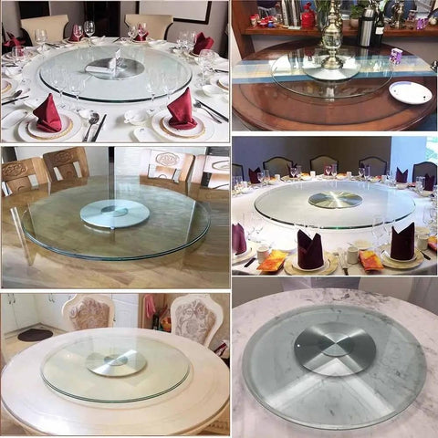 Built Tough Heavy Duty Tempered Glass Lazy Susan Turntable on various dining tables for easy meal sharing.