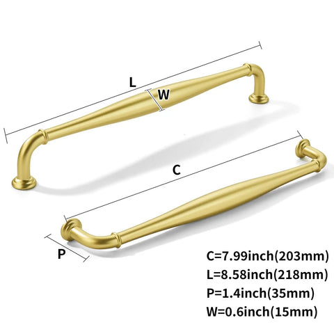 Tough As Nails Brushed Brass Cabinet Pulls 10 Pack 8 Inch Hole Center Heavy Duty handles with measurements showing size details.
