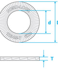 Rock Solid Zinc Flake Coated Wedge Lock Washers 20 Count Preloaded Double Split Locking Washers M8 5/16 Inch Carbon Steel High Tensile Anti Vibration Bolt Fasteners technical drawing with measurements.