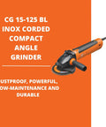 Badass Compact Corded Angle Grinder Featuring Powerdrive Motor Sealed Against Aggressive Dust Soft Start And Restart Function For Ceramic Mineral Cutting Built Like A Tank in orange and black with cutting disc.