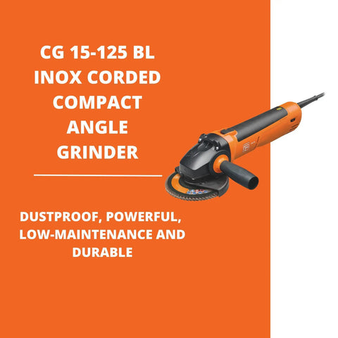 Badass Compact Corded Angle Grinder Featuring Powerdrive Motor Sealed Against Aggressive Dust Soft Start And Restart Function For Ceramic Mineral Cutting Built Like A Tank in orange and black with cutting disc.