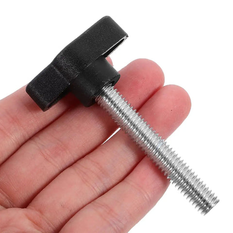 Five Piece M8 X 50 Millimeter Thumb Screw Kit With Wing Knobs for tool-free hand tightening, shown in hand for size.