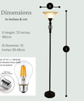Bronze Floor Lamp With Glass Alabaster Swirl Amber Shade, dimensions diagram showing height 72 inches, base 12 inches