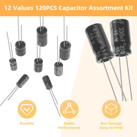 Knockout 120 Piece Electrolytic Capacitor Assortment Kit with capacitors ranging from 1uf to 470uf for circuit projects.