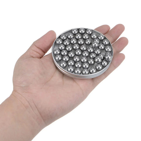 100 Pack 10 mm Carbon Steel Ball Bearings Precision Mirror Polished Replacement Spheres displayed in a hand for easy storage and use.