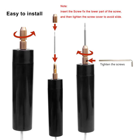 Handheld Electric Screw Extraction Pen And Mini Grinder For Busted Or Jammed Smartphone Bolts With 11 Precision Bit Set and two-way switch, showing installation steps.