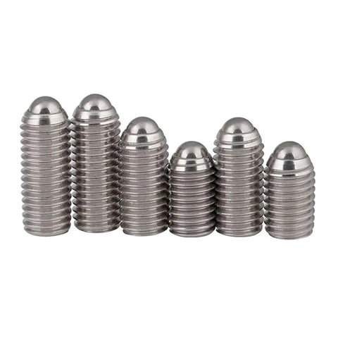 Premium 304 Stainless Steel Ball Plunger Set Screws Featuring A Slick Hex Socket And Burr Free Finish Rock Solid 10 Pack in a row.