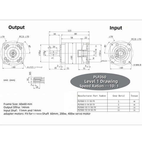 Technical drawing of 10 To 1 Planetary Gearbox Reducer For 60mm Servo Motor With Pro Grade Precision 4000RPM And 7 ArcMin Backlash, 14mm Output Shaft And 11mm Input Shafts, Fits 200W 400W CNC Router Benchtop Lathe Machines