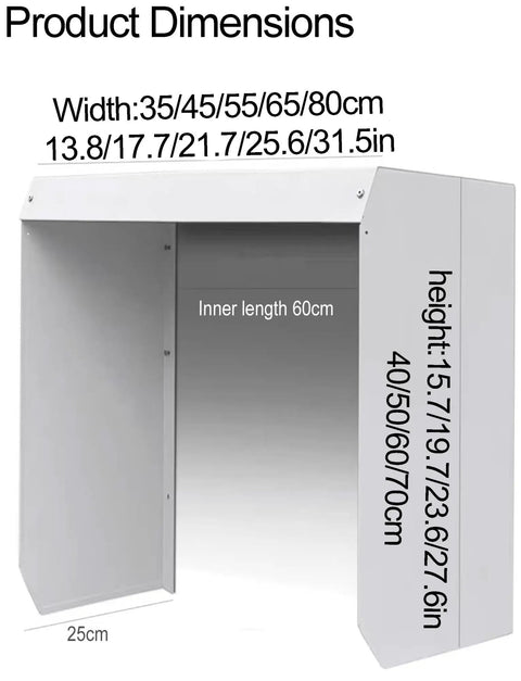 Slick Wall Mounted EV Charger Cable Holder And Electric Cover Box product dimensions illustration showing sizes in cm and inches.