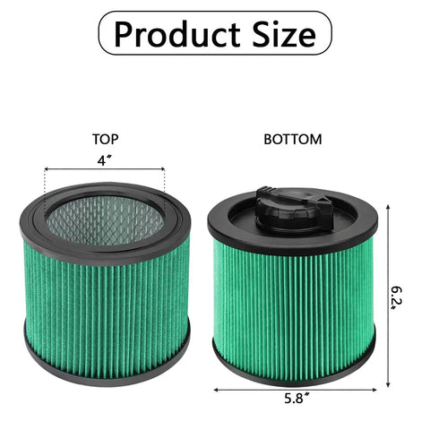 HEPA Cartridge Filter Replacement For DEWALT 4 Gallon Wet Dry Vacuums DXV Series DXVC4003, showing dimensions and green filter