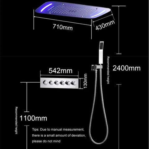 Straight Up Luxury Ceiling Mount Shower System With Remote Led Head And Mist Waterfall Spray Boasting Smart Temp Control And Heavy Duty Rust Proof Body For No Sweat Game Changer Spa Vibes dimensions showing 710mm shower head and 542mm control panel.